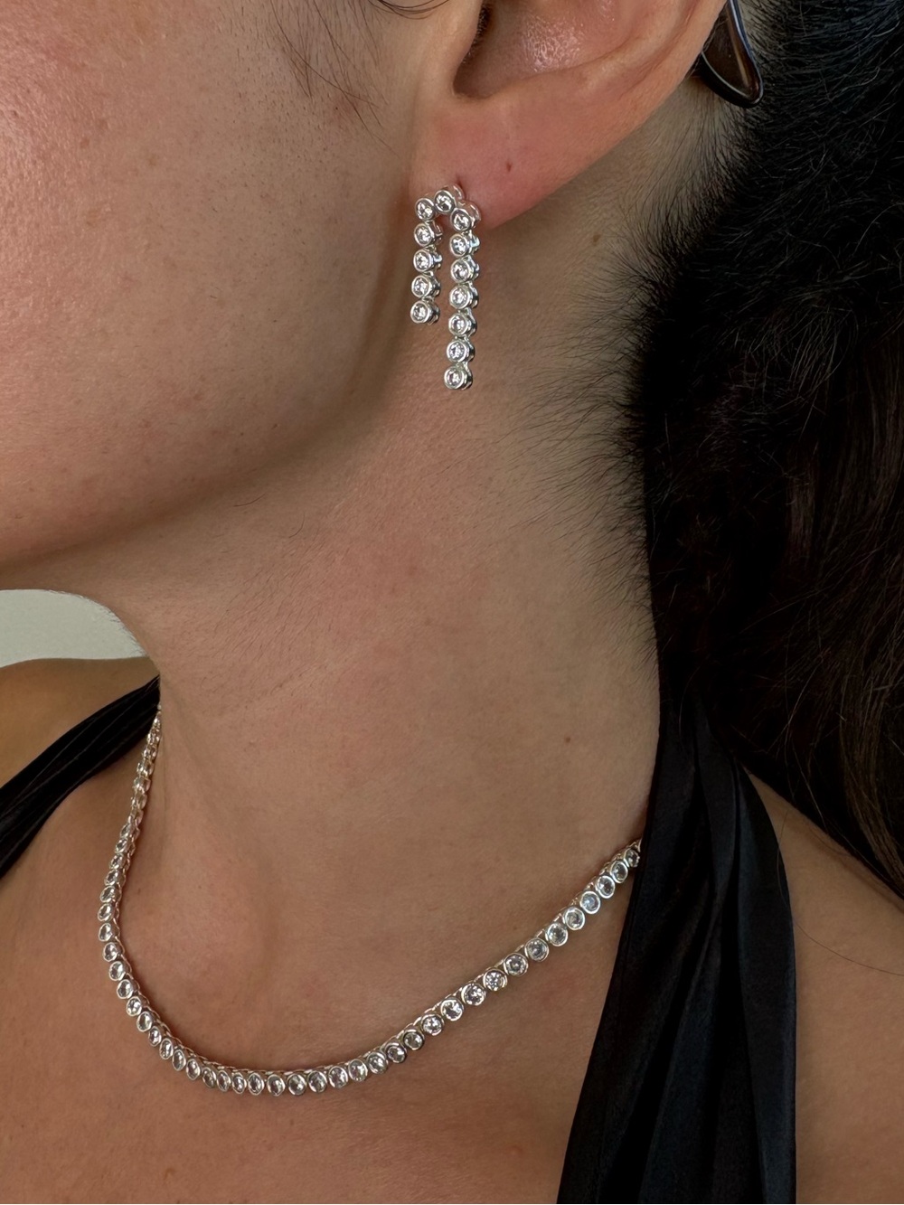 Madewell Silver Bezel Crystal Tennis Necklace & Drop Earring Set Adjustable - Picture 6 of 10